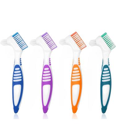 4Pcs Denture Brush Retainer Brush Denture Toothbrush Portable Denture Cleaning Brush Double Bristle Head Denture Brush False Teeth Brush for Cleaning Retainers (Blue Purple Green Orange)