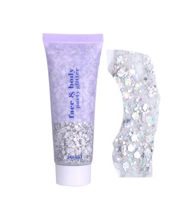 EONFAVE Glitter Face Gel 50ml Silver Big Glitter Body Glitter Waterproof Durable Festival Party Masquerade Makeup Silver Hair Body Nail
