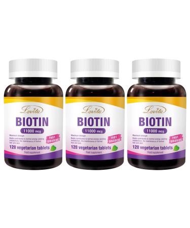 Lovita Maximum Strength 11 000mcg Biotin: Fast-Dissolving Vegetarian Tablets - Easily Absorbed Gluten & Dairy-Free 128 Vegan-Friendly Tablets (Pack of 3) 384 Count (Pack of 1)