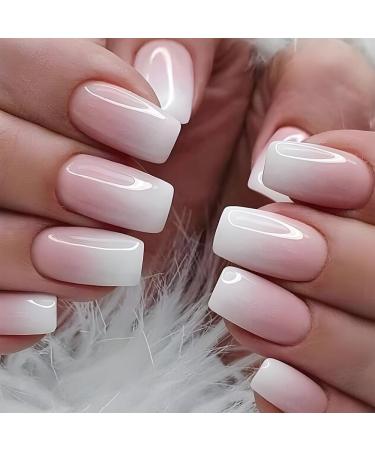 Mouyouglow press on nails short Square pink gradient white fake nails artificial nails with nail glue pink ombre white artificial fingernails T23