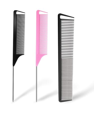 3 Pieces Rat Tail Comb Carbon Fiber Teasing Combs Parting Braids Comb Stainless Steel Pintail Comb Barber Styling Combs for Women Men Fine Teeth Salon Hairdressing Hair Care Tools Black+Red