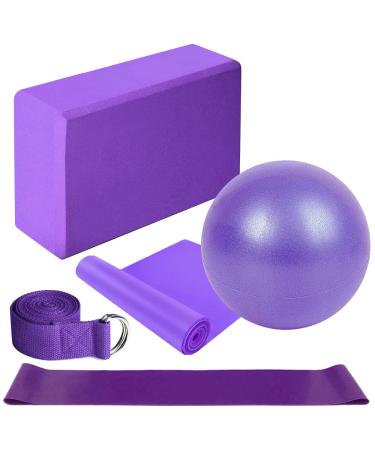 Lixada Yoga Blocks,Yoga Ball Chair,5Pcs Yoga Equipment Set Include Yoga Ball Stretching Strap Resistance Loop Band Exercise Band(Optional) Purple