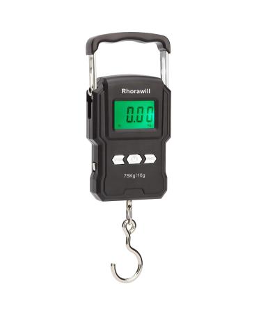 Rhorawill Fishing Scale, 165lb/75kg Digital Hanging Hook Scale with Ruler Measuring Tape, Temperature, Backlit LCD Display, and 2 AAA Batteries for Home and Outdoor Battery model