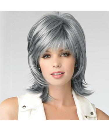Creamily Short Wig for Women Pixie Cut Wig Shaggy Layered Fluffy Gray Mixed Black Wig 80s Mullet Rocker Wigs for Women Synthetic Short Hair Wig with Bangs B-Gray Mixed Black