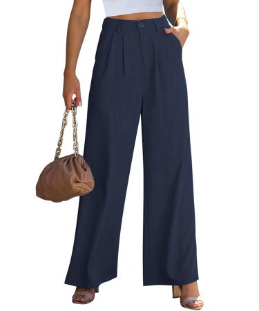 Vetinee Wide Leg Casual Dress Pants for Womens High Waisted Work Pants with Pockets Trousers for Business Office L Navy Blue