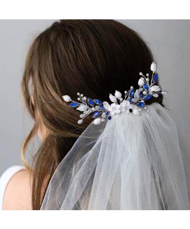 Blue Crystal Bride Wedding Hair Comb - Silver Flower Bridal Hair Accessories for Women and Girls - Buy Online on GoSupps.com