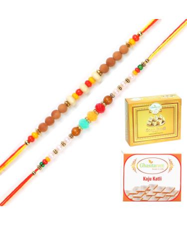 Ghasitaram Gifts Rakhi for Brother Rakhis Online - Set of 2 6045 6082 Rakhi Threads with 200 GMS of Kaju katli and 200 GMS of Soan Papdi