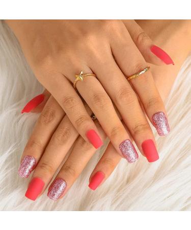 Sethexy Pink Square Fake Nails | Matte Acrylic Press-On Nail Tips for Women & Girls - 24pcs - Buy Online on GoSupps.com