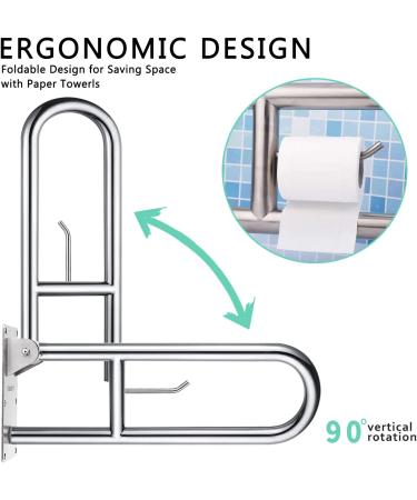 Stainless Toilet Safety Rails & Grab Bars for Elderly & Disabled - WochiTV 23.6 Inch Flip-Up Bathroom Handrails with Paper Holder & Shower Assist Aid - Buy Online on GoSupps.com