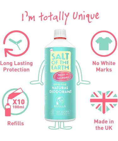 Natural Deodorant Spray Refill by Salt of the Earth Melon & Cucumber - Vegan Long Lasting Protection Leaping Bunny Approved Made in the UK - 1ltr Melon & Cucumber 1 l (Pack of 1) - Buy Online on GoSupps.com
