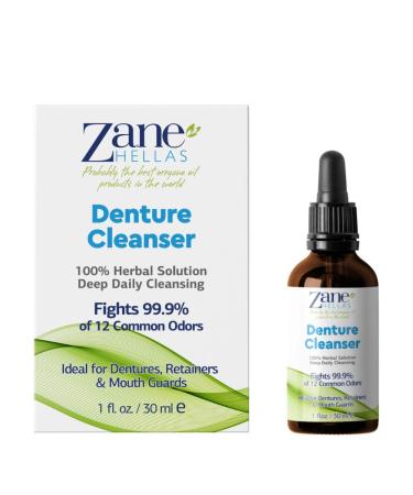Zane Hellas Denture Cleaner. Oregano Oil Power. Ideal for Dentures  Retainers  Braces  Mouth Guards. Helps Remove Plaque  Tartar  Stains and Bad Odor. 100% Herbal Solution. 1 fl.oz.-30ml.
