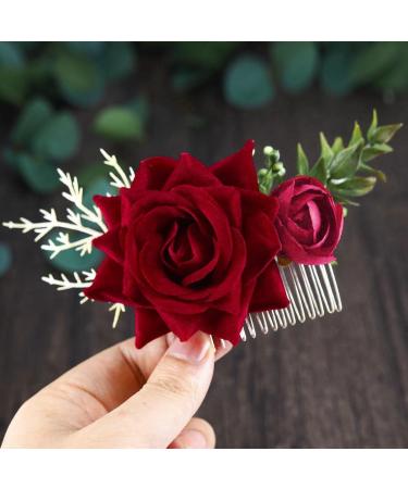 Fangsen Wedding Rose Flower Hair Comb Bridal Headpiece Floral Hair Accessories for Brides and Bridesmaids (Deep Red 02)
