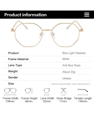 Gleyemor Blue Light Glasses for Women & Men - Vintage Octagonal Metal Gold Frame 52mm Computer Glasses - Buy Online on GoSupps.com