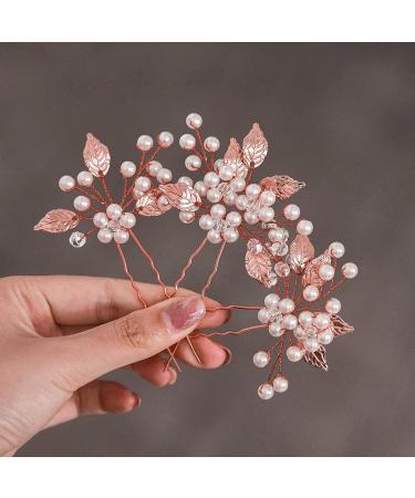 Heread Pearl Bride Wedding Hair Pins Leaf Bridal Head Piece Flower Hair Accessories for Women and Girls (Pack of 3) (Rose Gold)