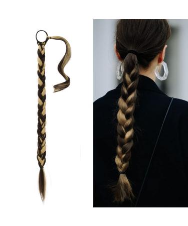 BARSDAR 76cm long braided ponytail extension rubber just wrapped braid hair extensions ponytail DIY natural soft synthetic hair part for women 76cm (pack of 1) 86H10# - Blond & middle brown
