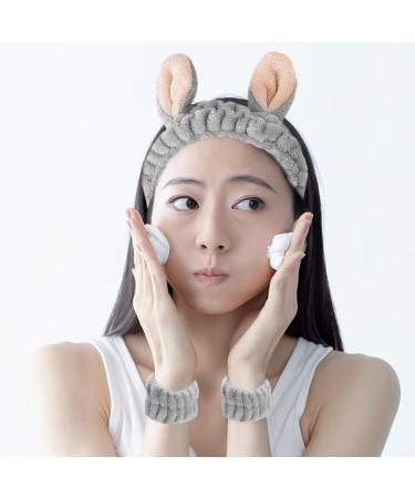 Set of 2 Bunny Ears Headbands with 4 Pieces Wrist Bands Women's Makeup Headbands Elastic Headbands Cute Headgear for Washing Face Makeup Bathing (White Gray) - Buy Online on GoSupps.com