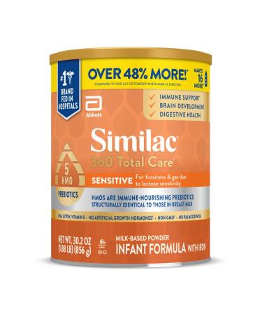 Similac 360 Total Care Sensitive Infant Formula, with 5 HMO Prebiotics, for Fussiness & Gas Due to Lactose Sensitivity, Non-GMO, Baby Formula Powder, 30.2-oz Can (Pack of 1) 30.2oz (Pack of 1)
