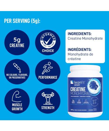 LEANFIT SPORT CREATINE MONOHYDRATE Powder Unflavoured - Creatine Supplement for Increased Muscle Mass Enhanced Energy & Improved Performance - Informed Choice Certified Micronized & Pharmaceutical Grade Creatine Gluten-Free Vegan - 5g Creatine Per Serving - Buy Online on GoSupps.com