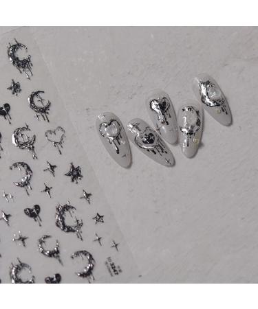 Silver Melted Heart Moon Stars 5D Acrylic Nail Art Stickers - Retro Design for Women | International Shipping Available - Buy Online on GoSupps.com