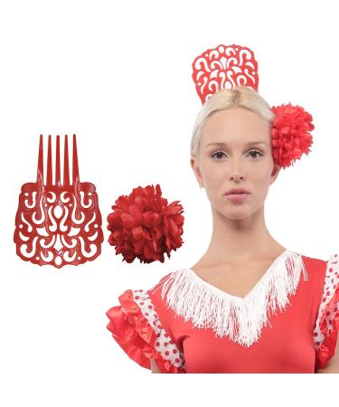 Large Flamenca Comb 18 x 13 cm and Flower Hair Clips for Party Sevillana 2 Pack (Solid Color) Red Straight