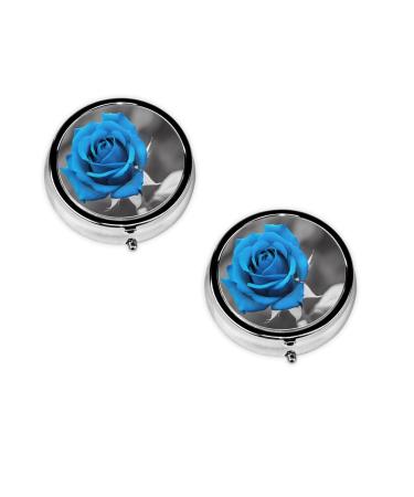 (Blue Rose) Round Pill Box 3 Compartment Pill Box Mini Decorative Pocket Purse Portable Travel Medicine Tablet Vitamin Holder Organizer Pill Case