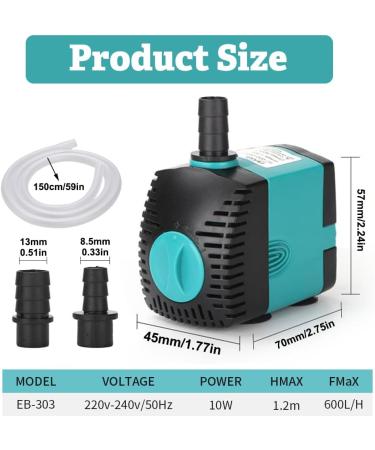 High-Power Aquarium Pump 600L/h - 6W Water Pump for Pond Fountain & Garden with 2 Nozzles & 1.5m Pipe - Buy Online on GoSupps.com