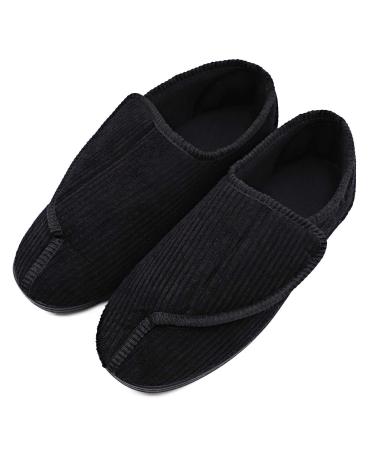 MEJORMEN Men's Diabetic Slippers Adjustable House Shoes Warm Plush Fleece Comfortable Non-skid Relief for Wide Swollen Feet Elderly Diabetes Swelling Edema Arthritis 8 Stripe Black