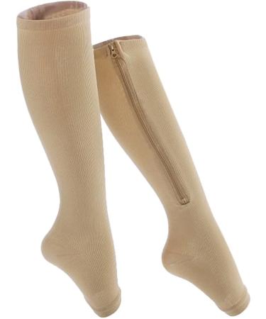 Open Toe Compression Socks for Varicose Veins & Edema | Support Zipper Stockings for Leg Pain Relief & Circulation Aid | Perfect for Dance Workout Running & Yoga - Beige - Buy Online on GoSupps.com