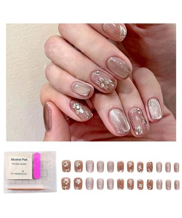 FineInno Press On Nails Kit Medium Long Butterfly Rhinestone Fake Nails Coffin Shape Reusable Nails Includes 24 Fake Nails Mini File Manicure Stick and 24 Nail Glue Stickers (Flower)
