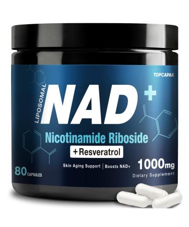 NAD+ Supplement 1000mg - Nicotinamide Riboside (NR) and Resveratrol Liposomal NAD of Pure Organic Ingredients for Women & Men Healthy Aging Brain and Cellular Energy 80 Capsules 80 Count (Pack of 1)