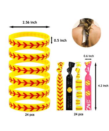 Softball Bracelet Wristband Set with Baseball Hair Ties - 48 Pieces | Multi Color Silicone Bracelet for Girls Softball Baseball Players | Elastic Ribbon Hair Bands for Teams - Buy Online on GoSupps.com