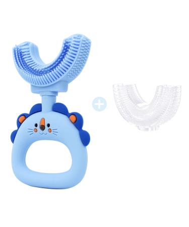 Kids U-Shaped Toothbrush,JIUJIU Food Grade Soft Silicone Brush Head, 3 Sided Teeth Cleaning Removable Manual Toothbrushes for Child/Sensitive Teeth (Little Lion, Blue(Age 2-7)) Little Lion D-blue