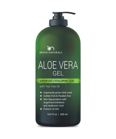 Aloe vera Gel - from 100% Pure Organic Aloe Infused with wonderful ingredients - Natural Raw Moisturizer for Face  Body  Hair. Perfect for Sunburn  Acne  Razor Bumps 16.9 fl oz (Tea Tree  Superfood  Hyaluronic Acid)