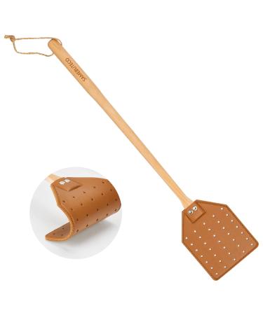 SAMEBUTECO Heavy Duty Leather Fly Swatter Brown Leather with Beech Wood Long Handle for Indoor and Outdoor 19.7
