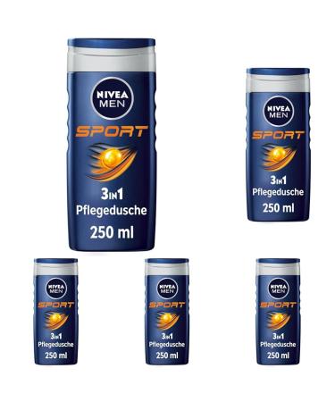 Nivea men sport shower gel (250 ml) pH -skin -friendly care shower with vitalizing fragrance men shower gel with minerals for body face and hair (pack with 5) 250 ml (5 -pack) Sport - new version