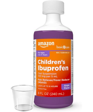 Amazon Basic Care Children's Ibuprofen Oral Suspension 100 mg per 5 mL, Pain Reliever and Fever Reducer, Grape Flavor, For Minor Aches, Sore Throat, Headache Relief and More, 8 fl oz (Pack of 1) - Buy Online on GoSupps.com