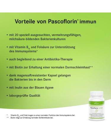 Pascoflorin Immune: 20 Probiotic Cultures with Vitamin B12 Biotin Inulin & Folic Acid for Enhanced Health - Ideal for Antibiotic Therapy Support - Buy Online on GoSupps.com