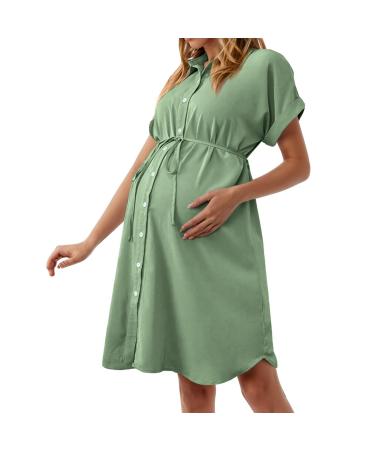 Robe de maternit d' t pour femmes enceintes - Robe midi l gante - Longueur genou - Robe d' t l g re et a r e - Robe de grossesse manches courtes - Col rond - Robe en mousseline de soie L Vert