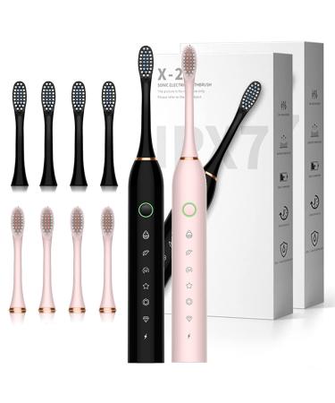KLiHDSM 2023-2 Pack Electric Toothbrushes Sonic Toothbrush Whitening with 8 Brush Heads 6 Cleaning Modes and Smart Timer for Adults Rechargeable Waterproof Cleaning Toothbrushes-Black+Pink
