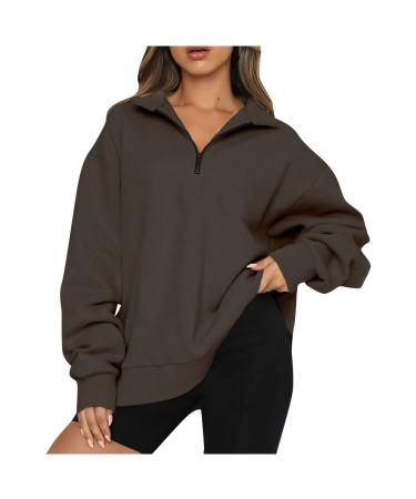 Women's Half Zip Up Sweatshirt Lapel Loose Fit Pullover Sweatshirt Long Sleeve Casual Drop Shoulder Tops Brown Small