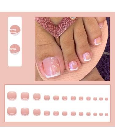 Sokfone Pink Press On Toenails 24 Pcs - Short Square French Tip False Toenails for Women - Glossy Acrylic Full Cover Toe Nails - Summer Ready - Color1 - Buy Online on GoSupps.com