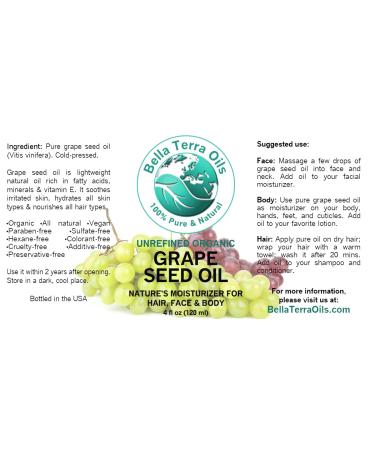 Bella Terra Oils 100% Pure Cold-Pressed Grape Seed Oil 4 oz - Organic, Hexane-Free, Non-Comedogenic Moisturizer for Skin & Hair - Buy Online on GoSupps.com