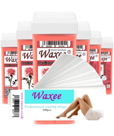 6x 100ml roll-on wax roller wax cartridge refill + 100 waxing strips from UK brand Waxee! Cream wax with Titanium Dioxide- Pink. PINK with Titanium Dioxide