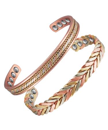 2 Pieces 99.9% Pure Copper Bangles Tri Bracelets for Men Women with Magnets Mother's Day Gift 16.5 cm Copper - Buy Online on GoSupps.com