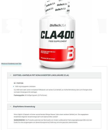 Biotech USA CLA 400 - Effective Fat Burner & Weight Management Pills | Slimming Supplements for Fast Cellulite Reduction (80 Capsules) - Buy Online on GoSupps.com