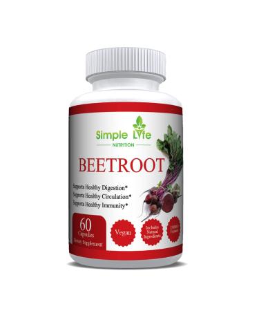 Simple Life Nutrition Organic Beet Root Powder Capsules - Nitric Oxide Booster for Men & Women - Organic Non-GMO Gluten Free Vegan Beets - Blood Pressure Immunity Digestive System Support - 60CT