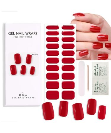 20PCS Semi Cured Gel Nails Gel Nail Stickers - Red Nail Wraps Semi Cured Gel Nails Strips - Semi Cured Gel Nail Wraps - Glossy & Long Lasting Gel Nail Stickers Need UV Light (Red)