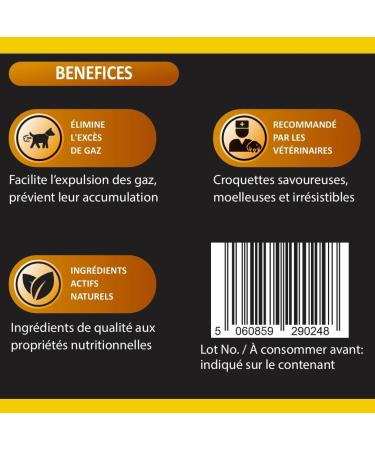 Anti Flatulence Treatment for Dogs - Food Supplement for Dogs against Flatulence - 60 Dog Kibbles for Anti Flatulence - Chicken Flavor (French) - Buy Online on GoSupps.com