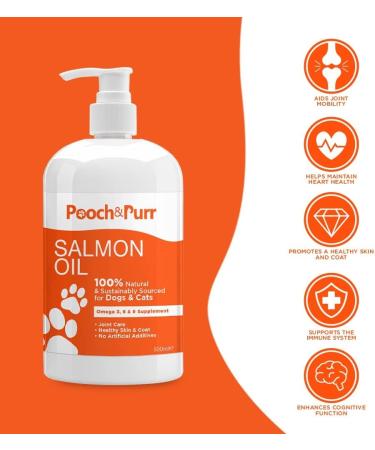 Pooch & Purr 500ml Salmon Oil for Dogs. Salmon Oil Cats Puppy Ferret & Pets. Pure Omega 3 6 9 Fish Oil for Dogs. Food Supplements for Itchy Skin Coat Joint Care. Dog Vitamins and Supplements - Buy Online on GoSupps.com