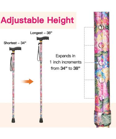 LIXIANG Folding Walking Cane - 5-Level Height Adjustable for Men & Women - Rosy Floral Printing - Buy Online on GoSupps.com
